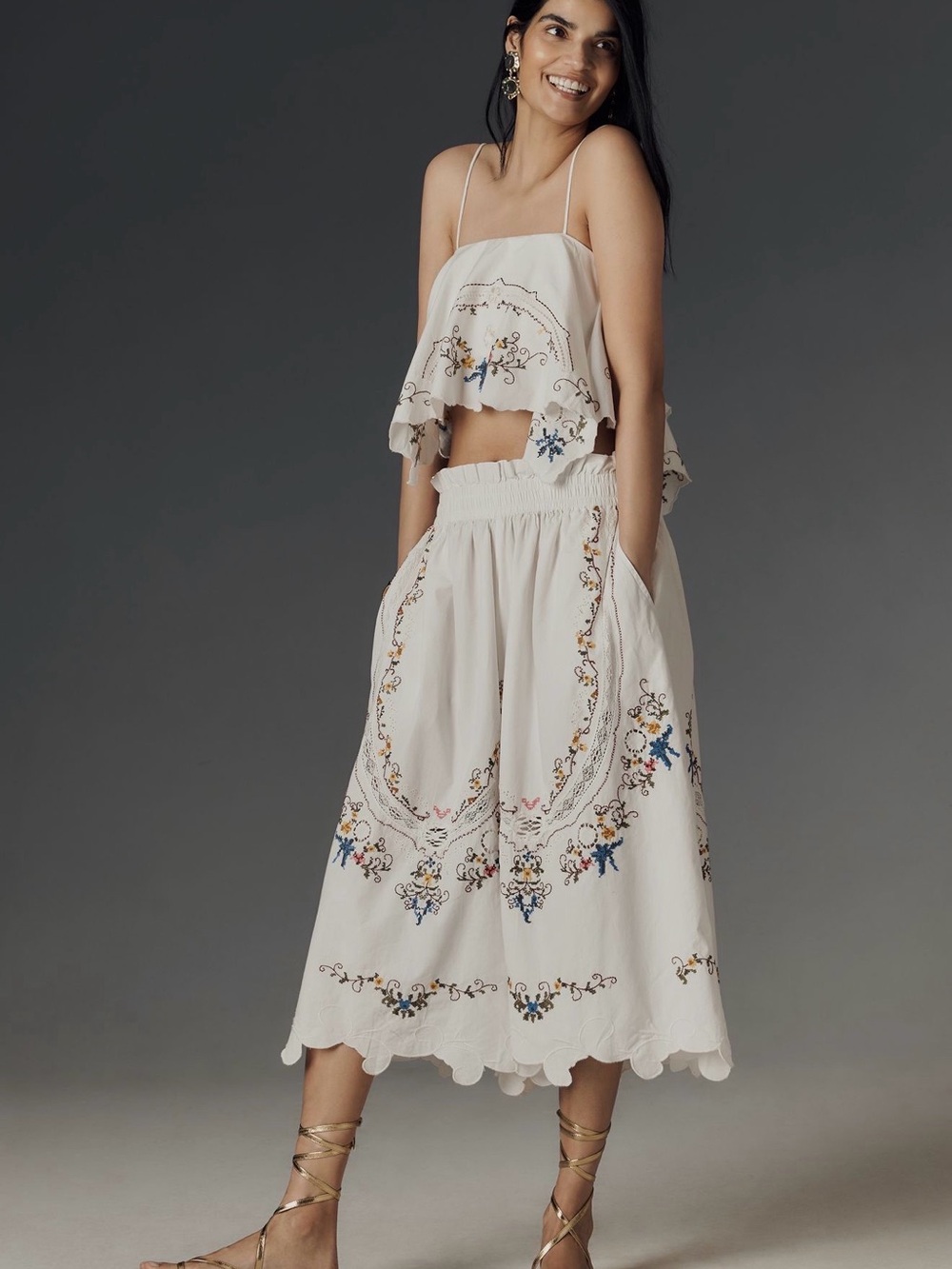 Anthropologie Cream Embroidered Midi Skirt